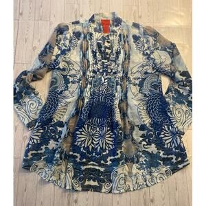 Cristina V Women’s Blue Print Button Front Tunic Blouse Size M